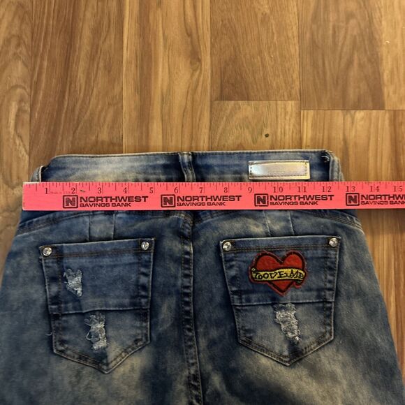 Rebel Love Skinny Applique Patches Jeans 5/6 Blue Distressed Rock Crest Heart - Picture 9 of 9